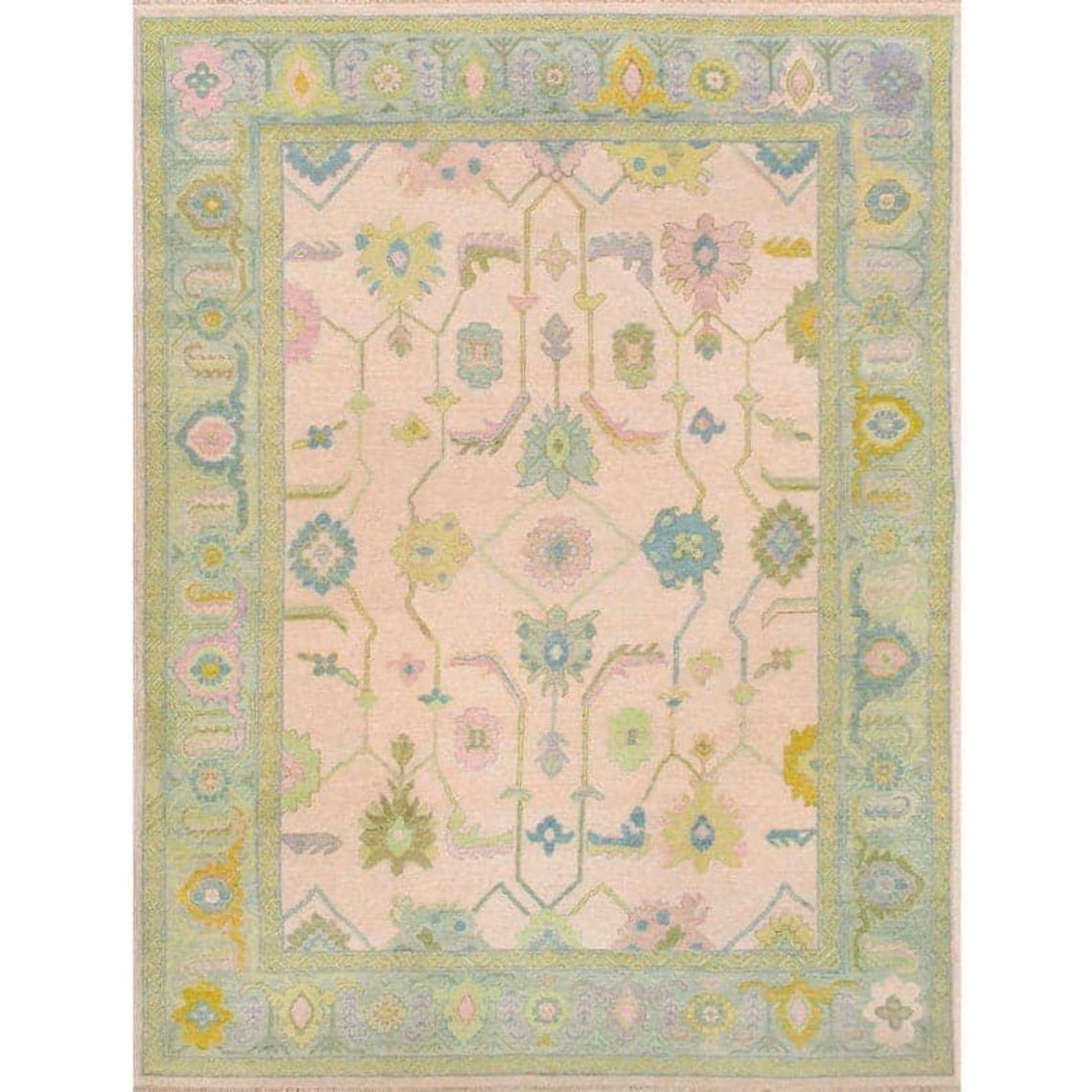 Peach Floral Shape Unique Abestract Green Accent Turkish Rug Knots Bedroom Rug For Living Room Bedroom- Low Pile Rug 5x8 6x9 7x10 8x10 9x12 10x14 Large Area Rug
