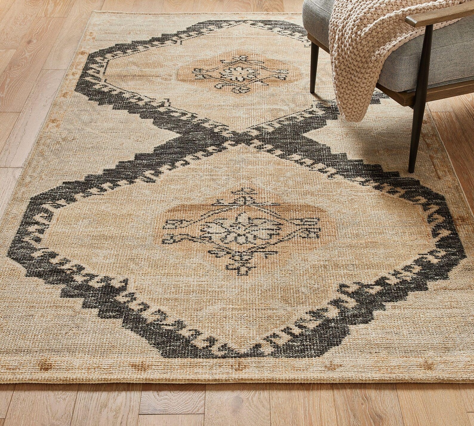 6x9 ft Ready to ship - Beige and Black Demitria Hand Knotted Wool Rug