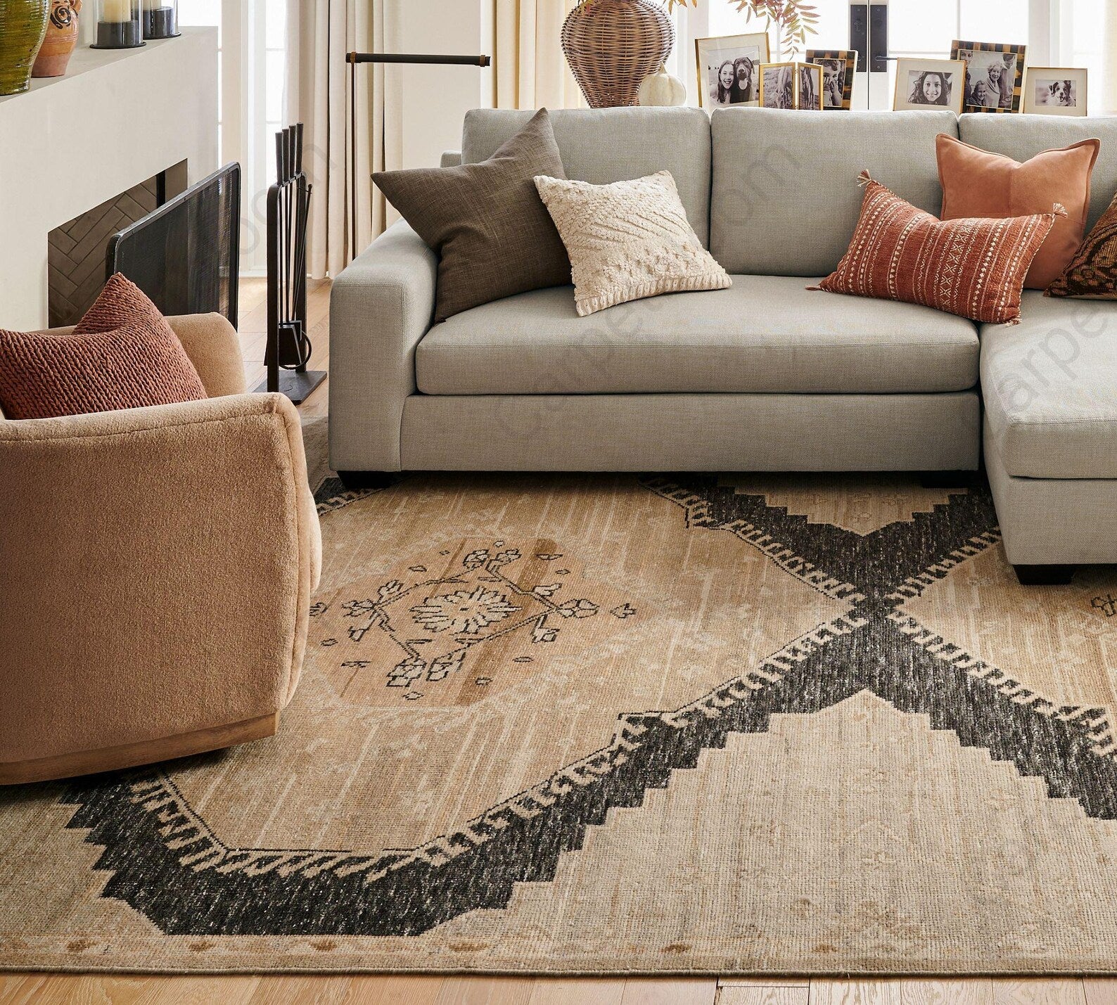 6x9 ft Ready to ship - Beige and Black Demitria Hand Knotted Wool Rug