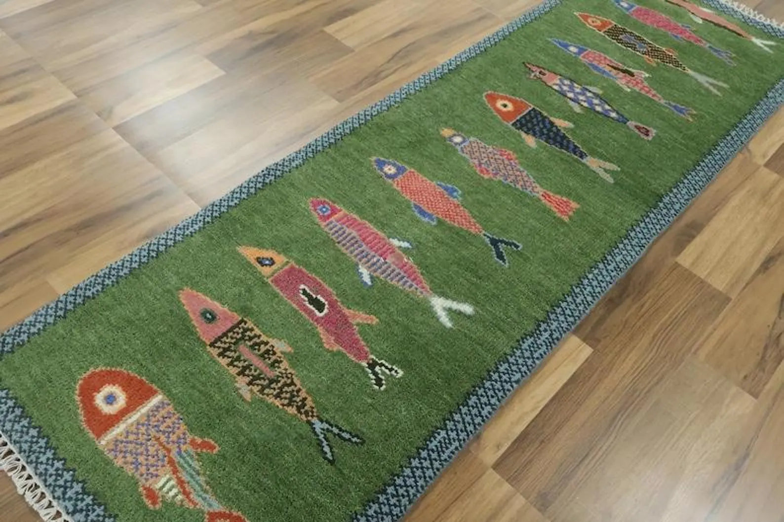 Green Wool Oushak Rug Koi Fish Design Hand Knotted Oriental Rug