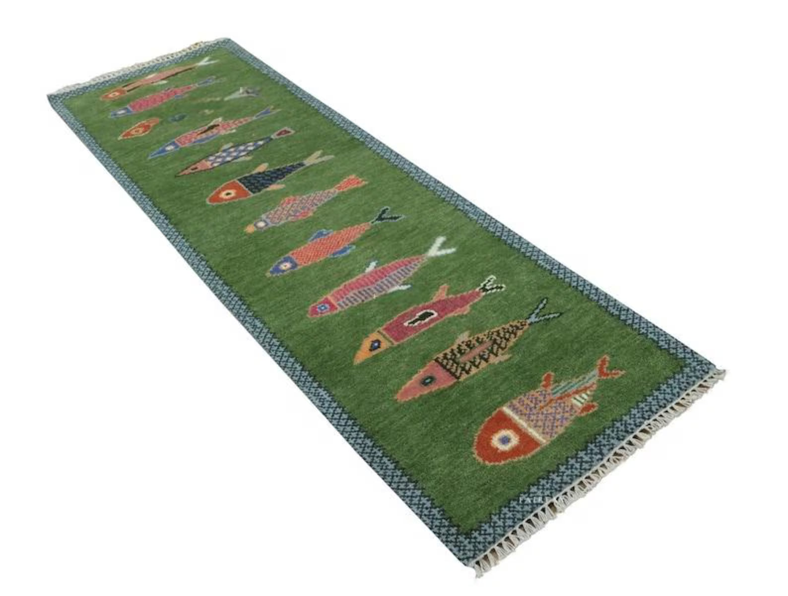 Green Wool Oushak Rug Koi Fish Design Hand Knotted Oriental Rug