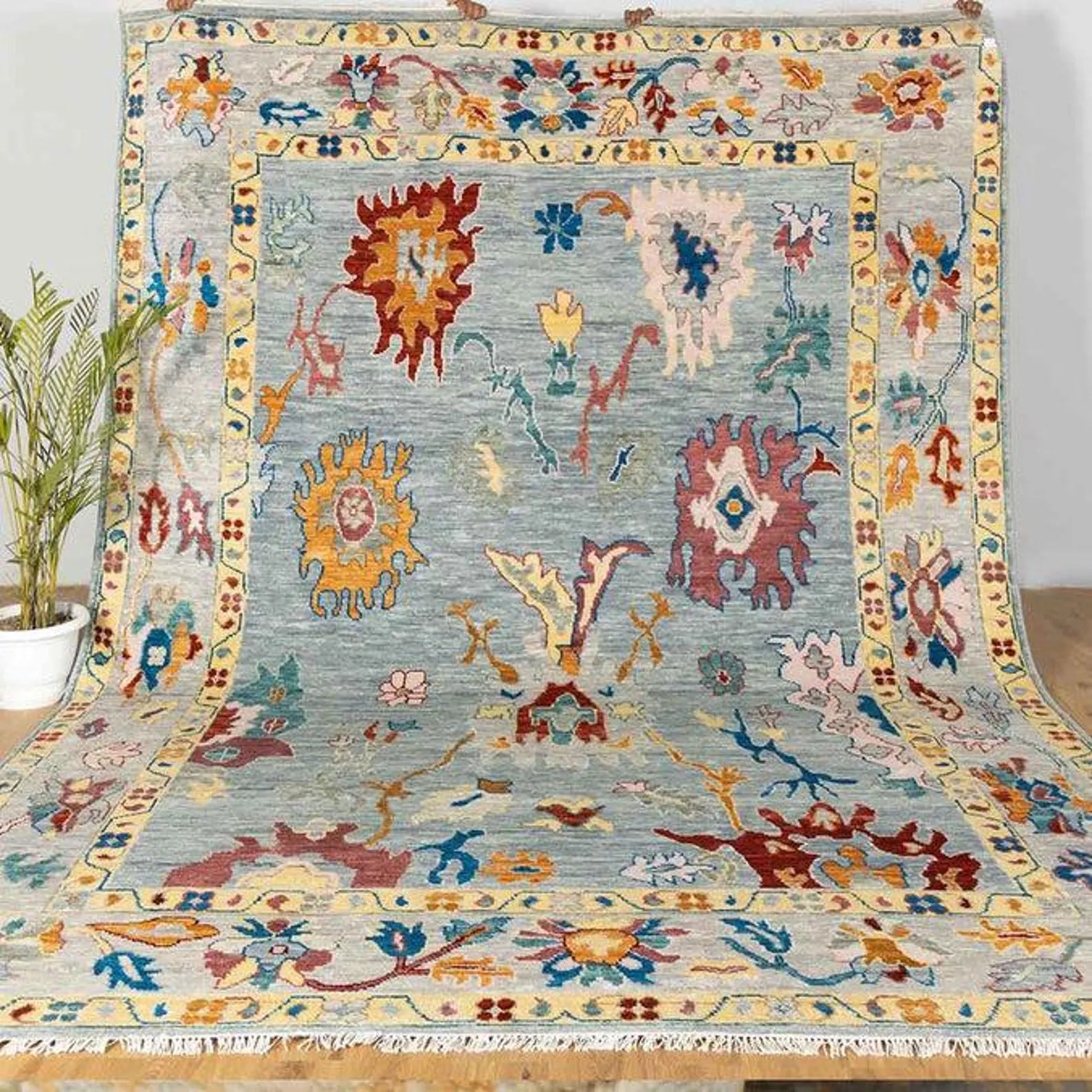 Handmade Blue Green Oushak Wool Rug – Turkish Vintage Carpet with Multicolor Floral Design for Living Room or Bedroom Hand Knotted décor rug