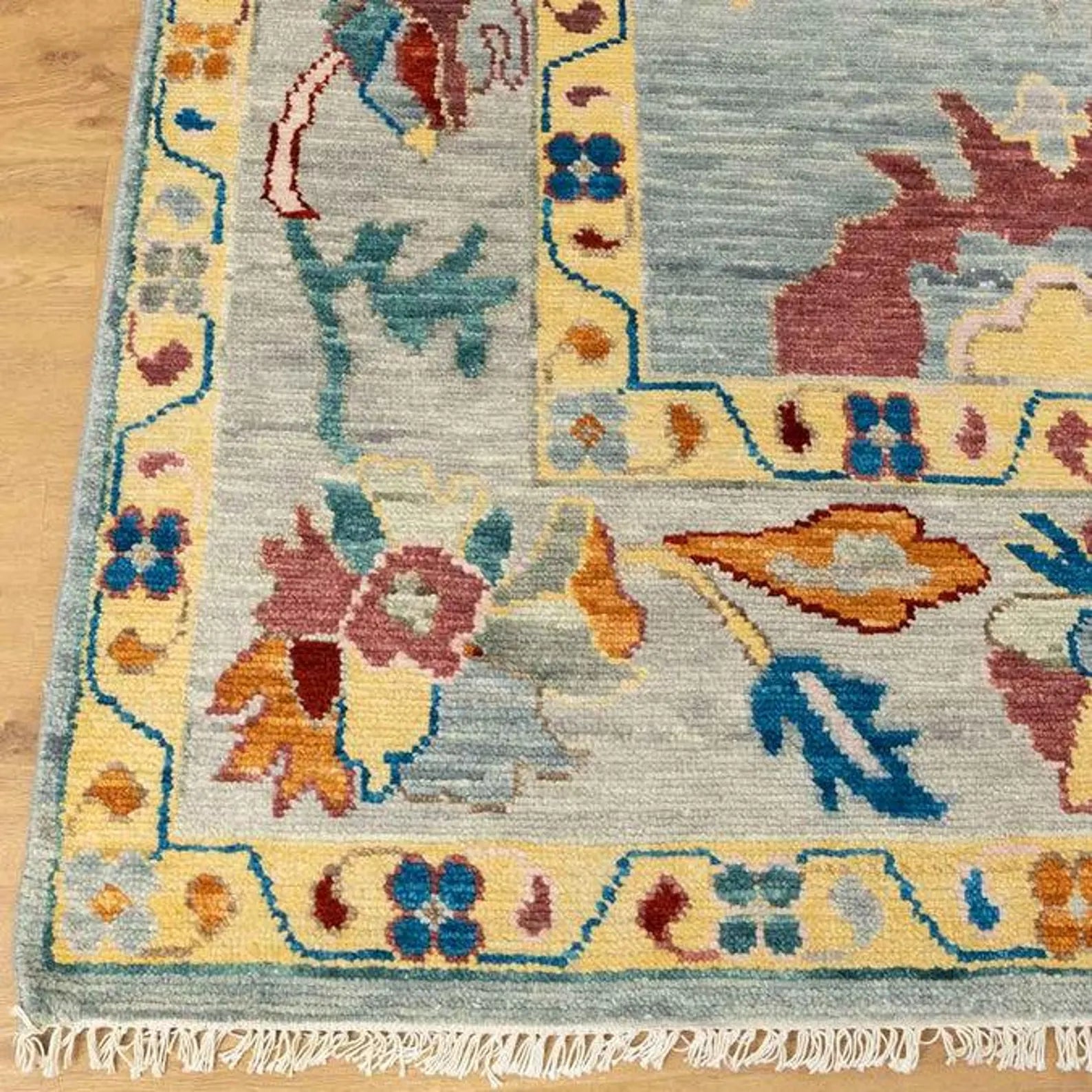 Handmade Blue Green Oushak Wool Rug – Turkish Vintage Carpet with Multicolor Floral Design for Living Room or Bedroom Hand Knotted décor rug