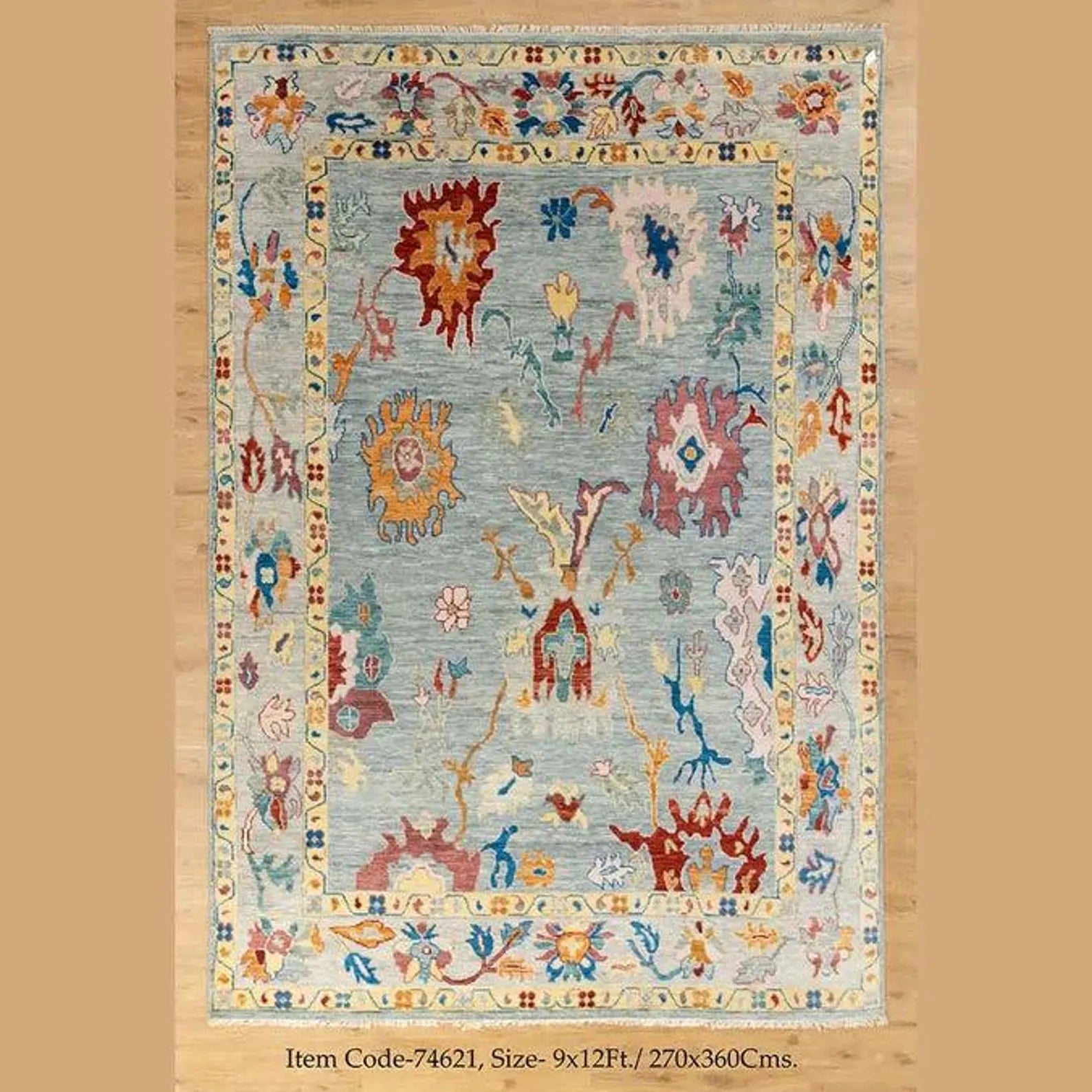 Handmade Blue Green Oushak Wool Rug – Turkish Vintage Carpet with Multicolor Floral Design for Living Room or Bedroom Hand Knotted décor rug