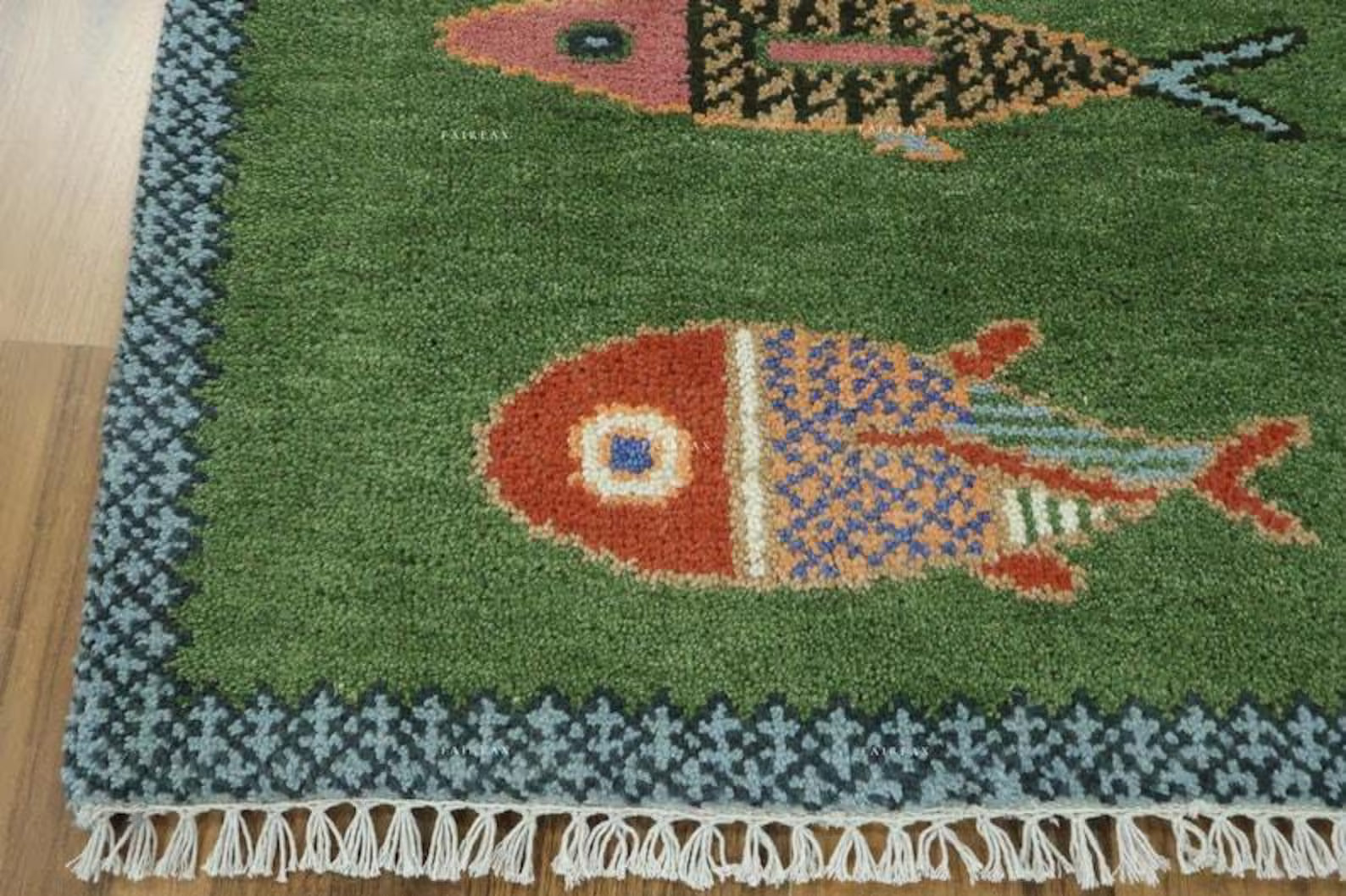 Green Wool Oushak Rug Koi Fish Design Hand Knotted Oriental Rug