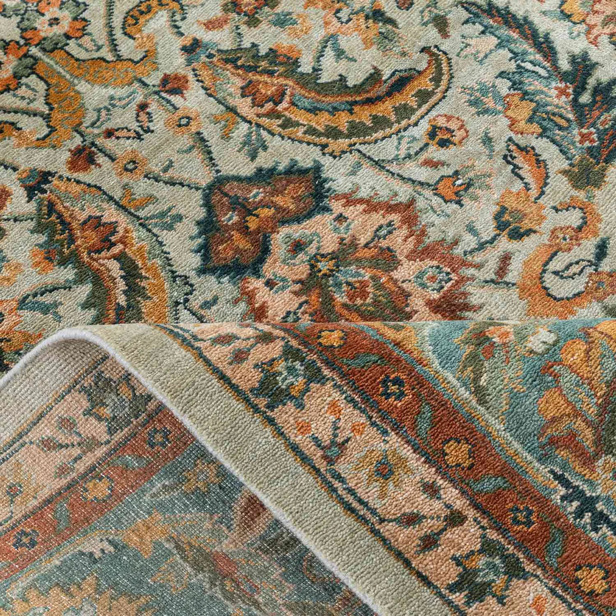 Beige Teal Border Woollen Premium Hand Knotted Rug