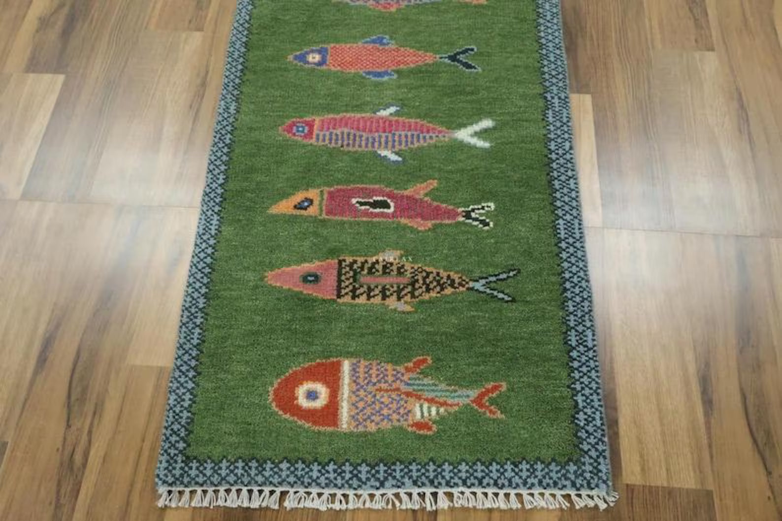 Green Wool Oushak Rug Koi Fish Design Hand Knotted Oriental Rug