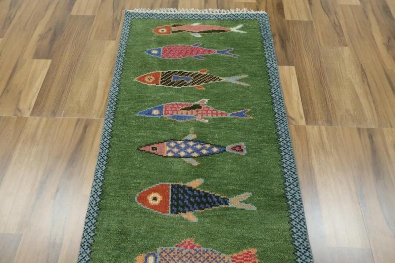 Green Wool Oushak Rug Koi Fish Design Hand Knotted Oriental Rug