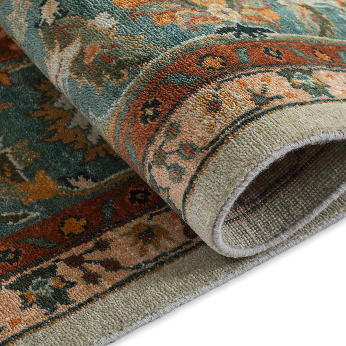Beige Teal Border Woollen Premium Hand Knotted Rug