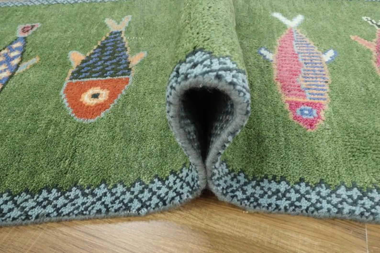 Green Wool Oushak Rug Koi Fish Design Hand Knotted Oriental Rug