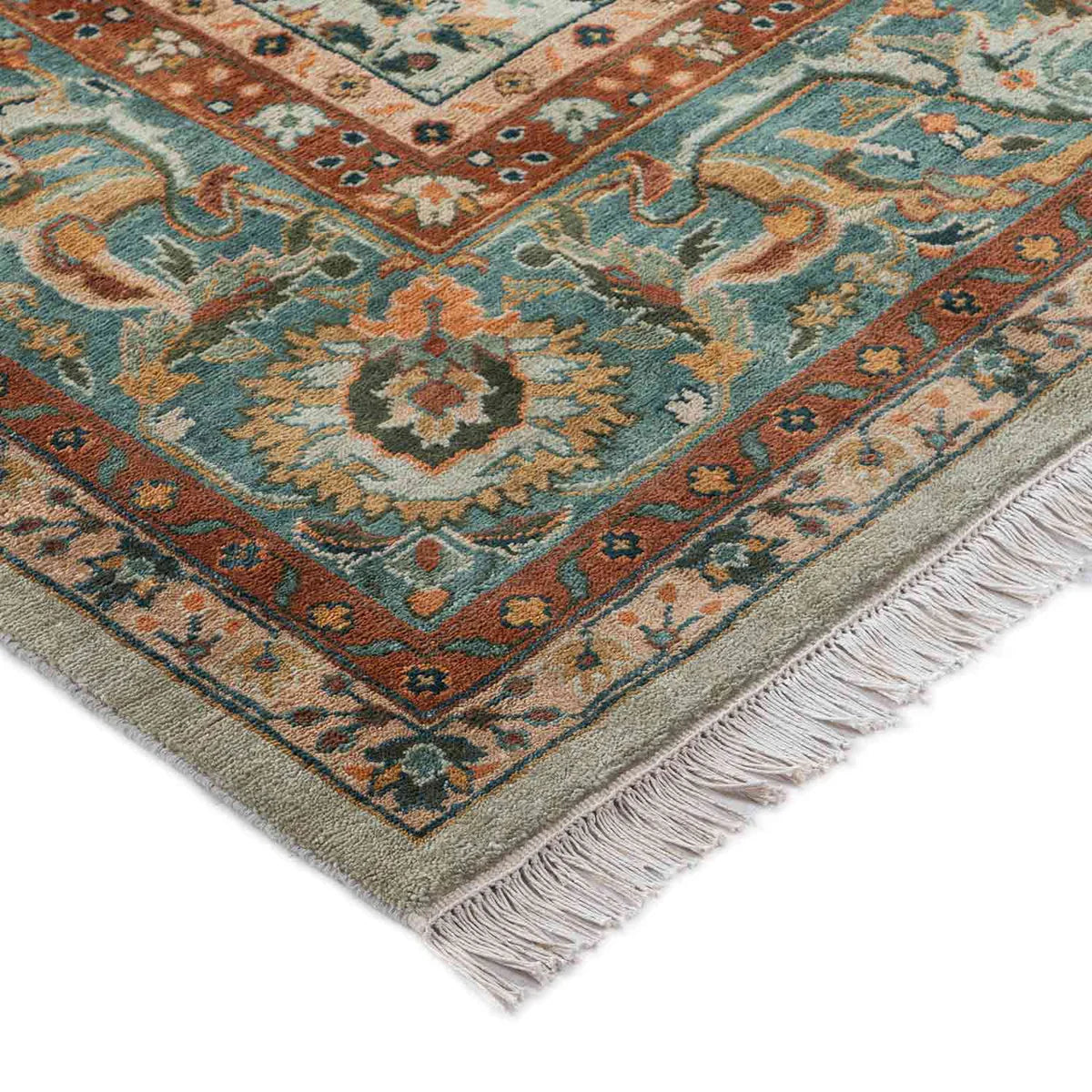 Beige Teal Border Woollen Premium Hand Knotted Rug