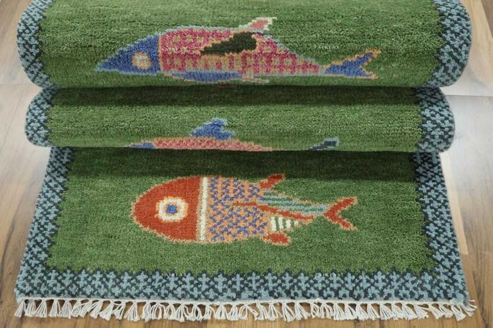 Green Wool Oushak Rug Koi Fish Design Hand Knotted Oriental Rug