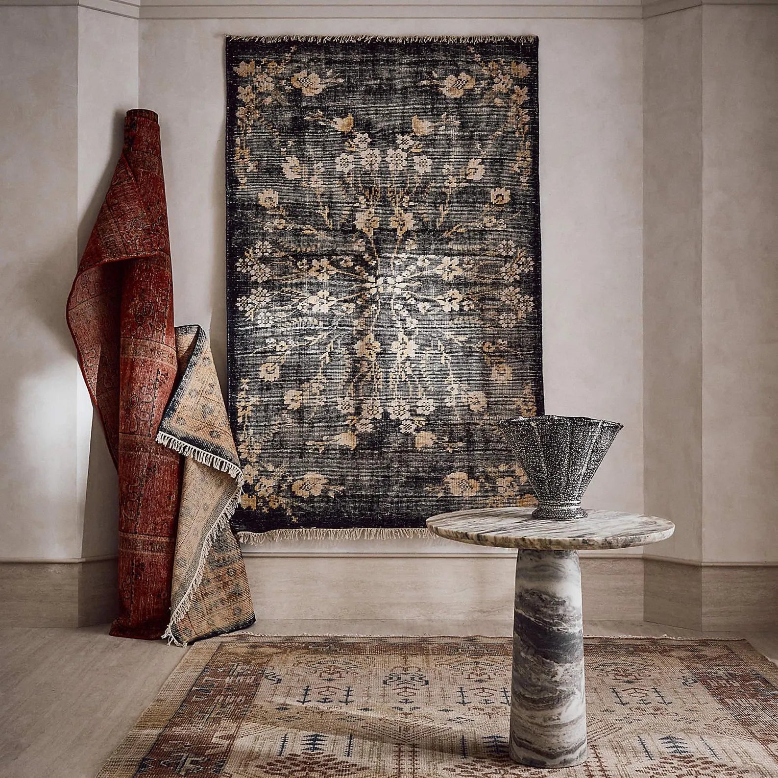 Charcoal Black Floral Oushak Rug Modern Geometric Hand Knotted Wool Rug