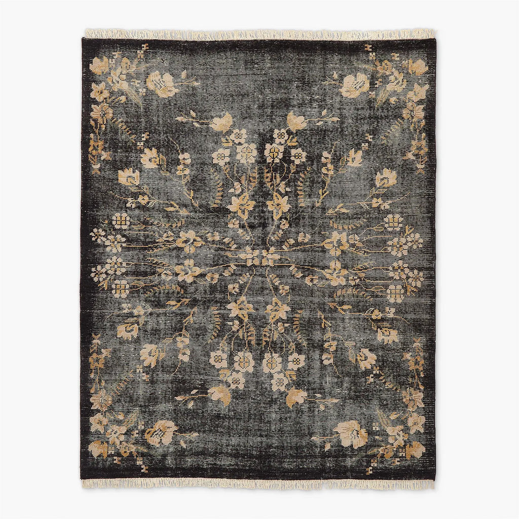 Hand Knotted Wool Rug, Oushak Rug Charcoal Black Floral Oushak Rug Modern Geometric Distressed Carpet Modern Custom Sizes 5x8 6x9 8x10 9x12
