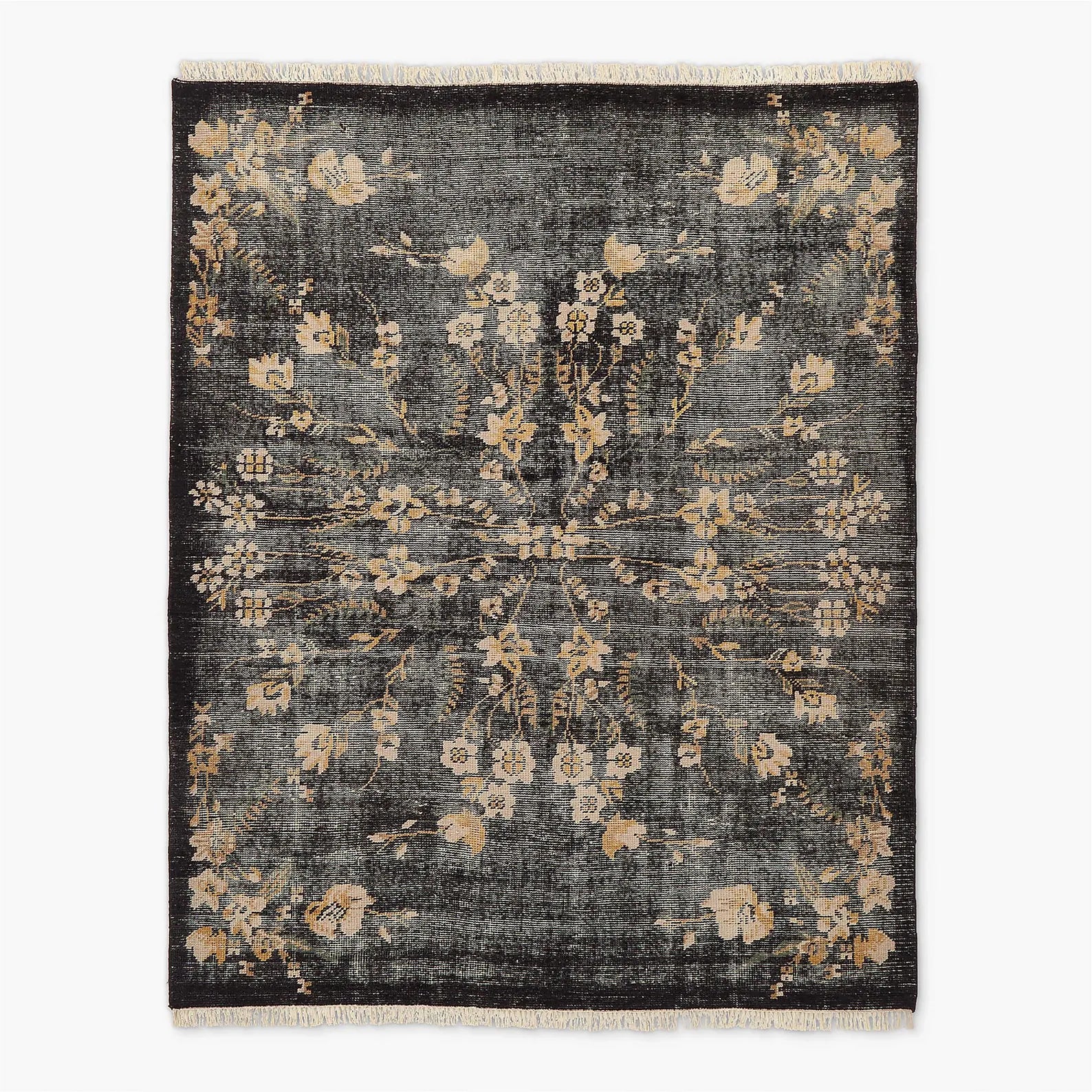 Charcoal Black Floral Oushak Rug Modern Geometric Hand Knotted Wool Rug