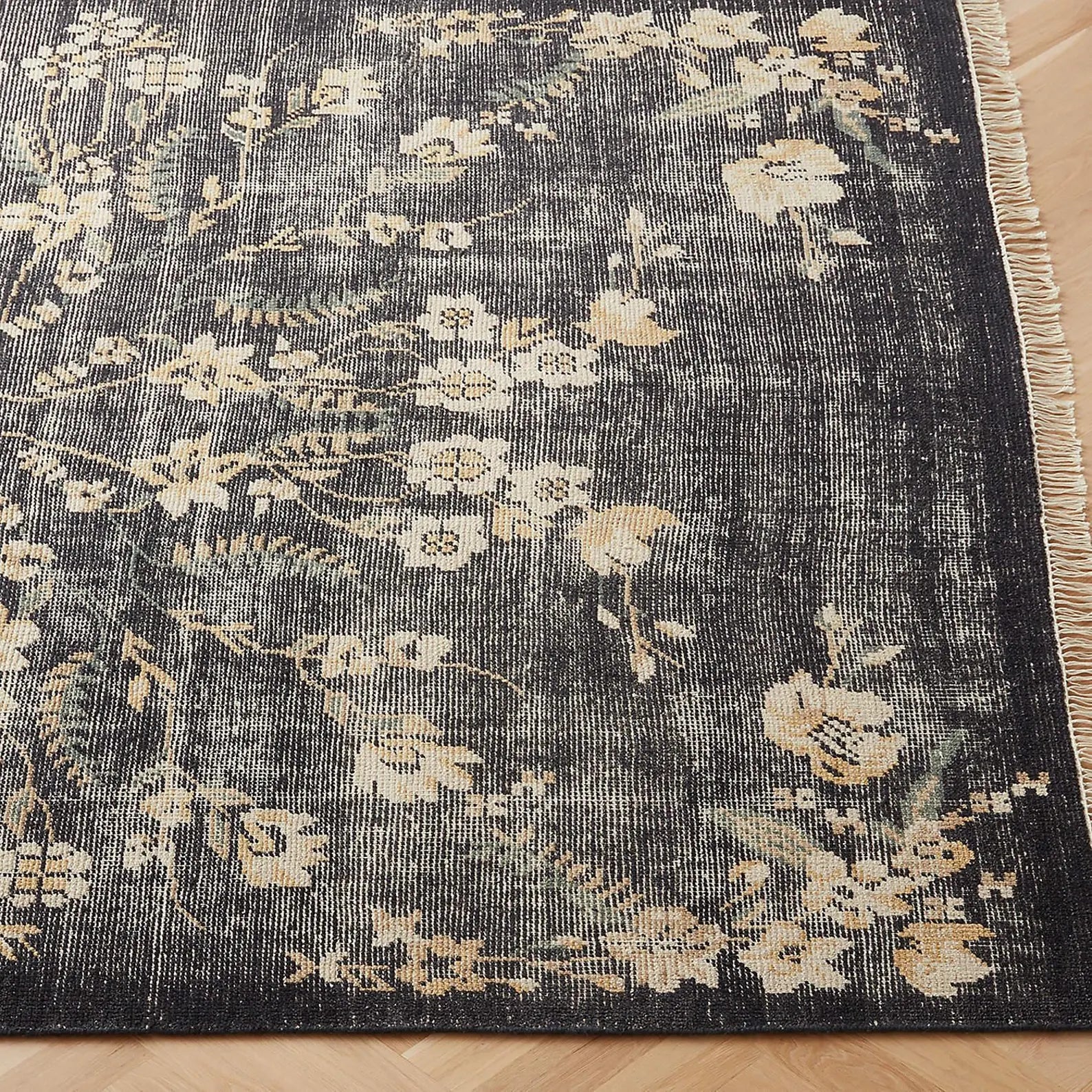 Charcoal Black Floral Oushak Rug Modern Geometric Hand Knotted Wool Rug