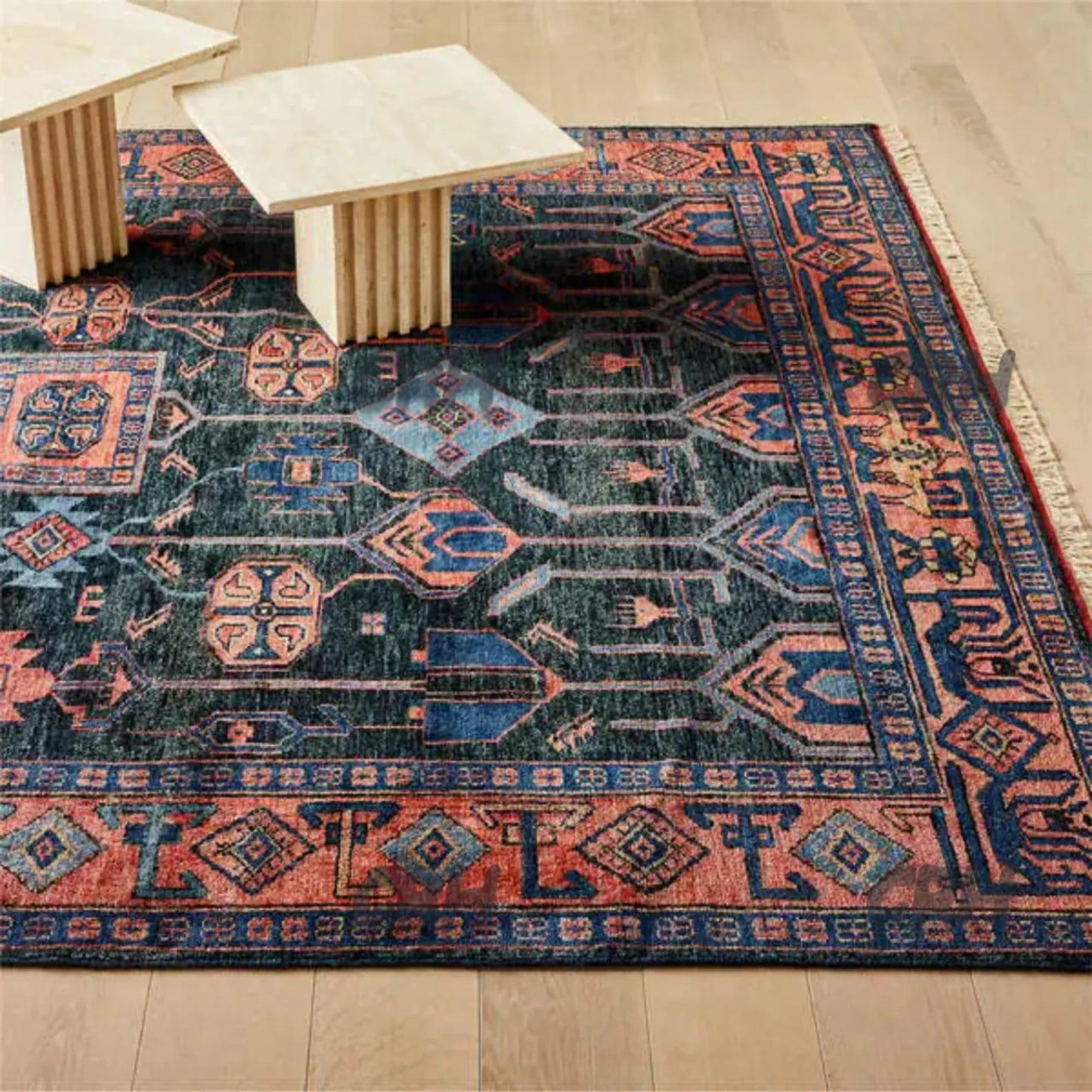 Hand Knotted Red/Blue Area Rug Oushak Rug Turkish Woolen Rug Thick Pile Soft Knotted Rug Large Area Rug 6x9 7x10 8x10 9x12 10x14