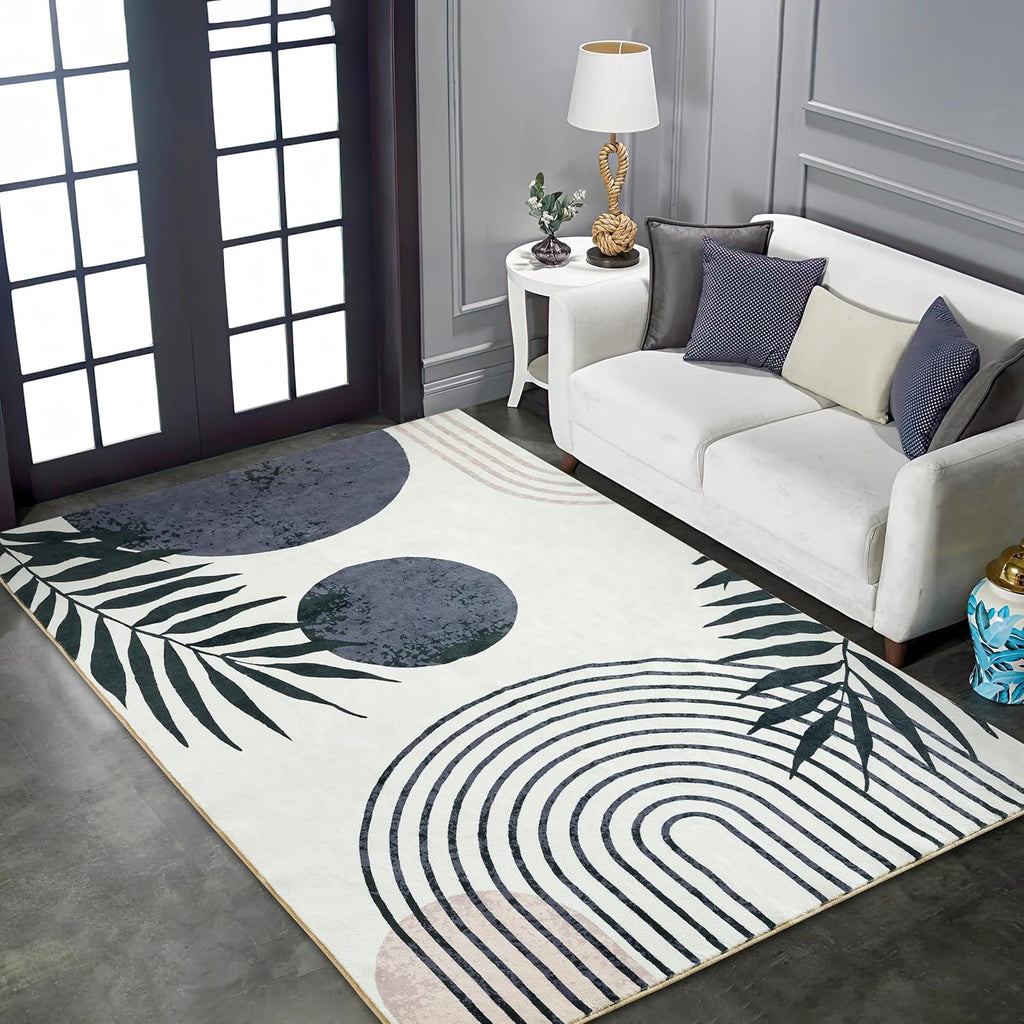 Hand-Tufted Modern Living Room Rug Washable 5x7 Rug, Black Boho Cute Aesthetic Area Rugs Carpet for Bedroom Dining Room Office, Vintage Abstract Leaves Thin Indoor Entryway Rug Carpet