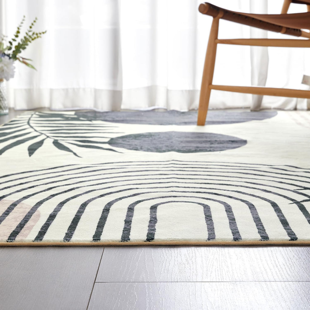 Hand-Tufted Modern Living Room Rug Washable 5x7 Rug, Black Boho Cute Aesthetic Area Rugs Carpet for Bedroom Dining Room Office, Vintage Abstract Leaves Thin Indoor Entryway Rug Carpet