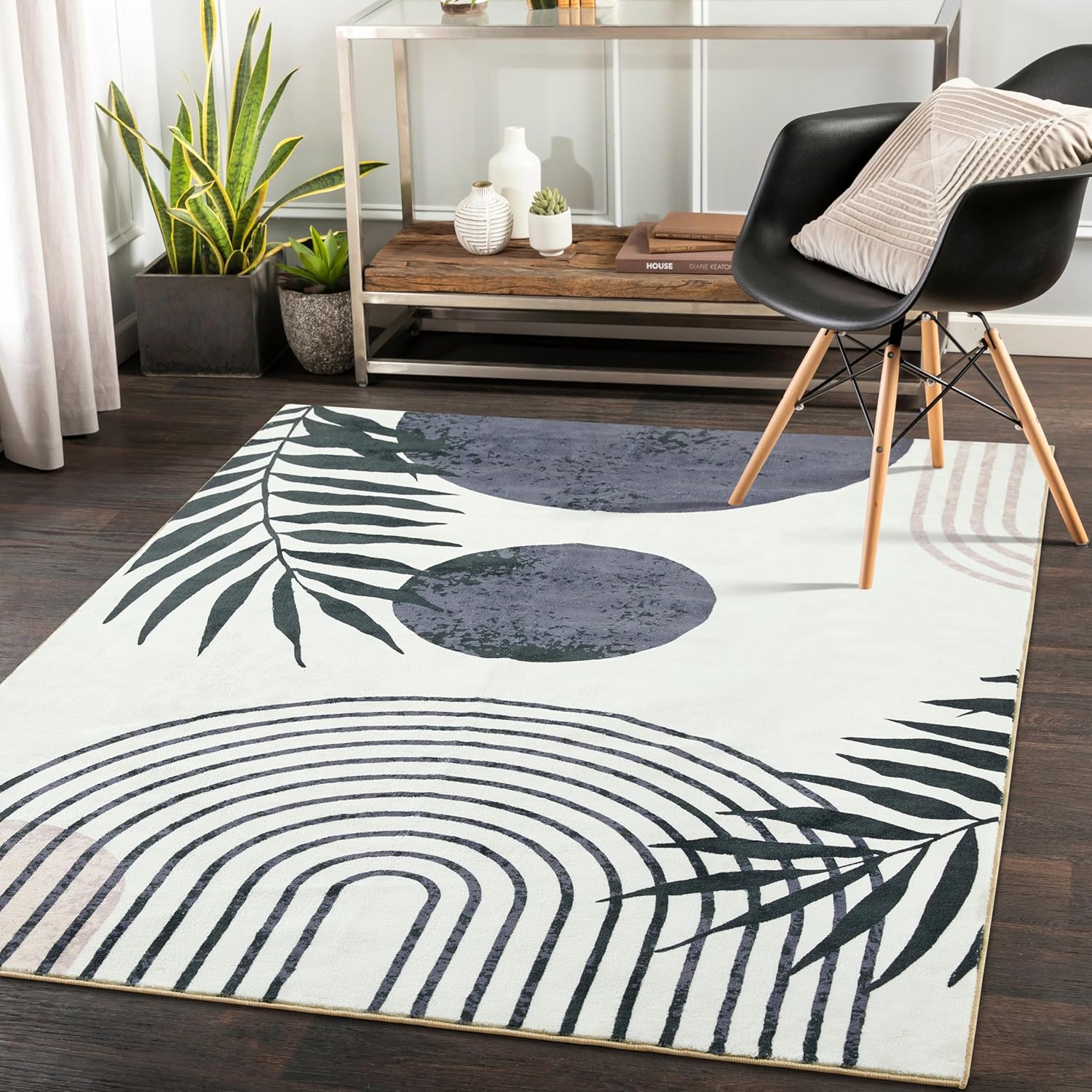 Hand-Tufted Modern Living Room Rug Washable 5x7 Rug, Black Boho Cute Aesthetic Area Rugs Carpet for Bedroom Dining Room Office, Vintage Abstract Leaves Thin Indoor Entryway Rug Carpet