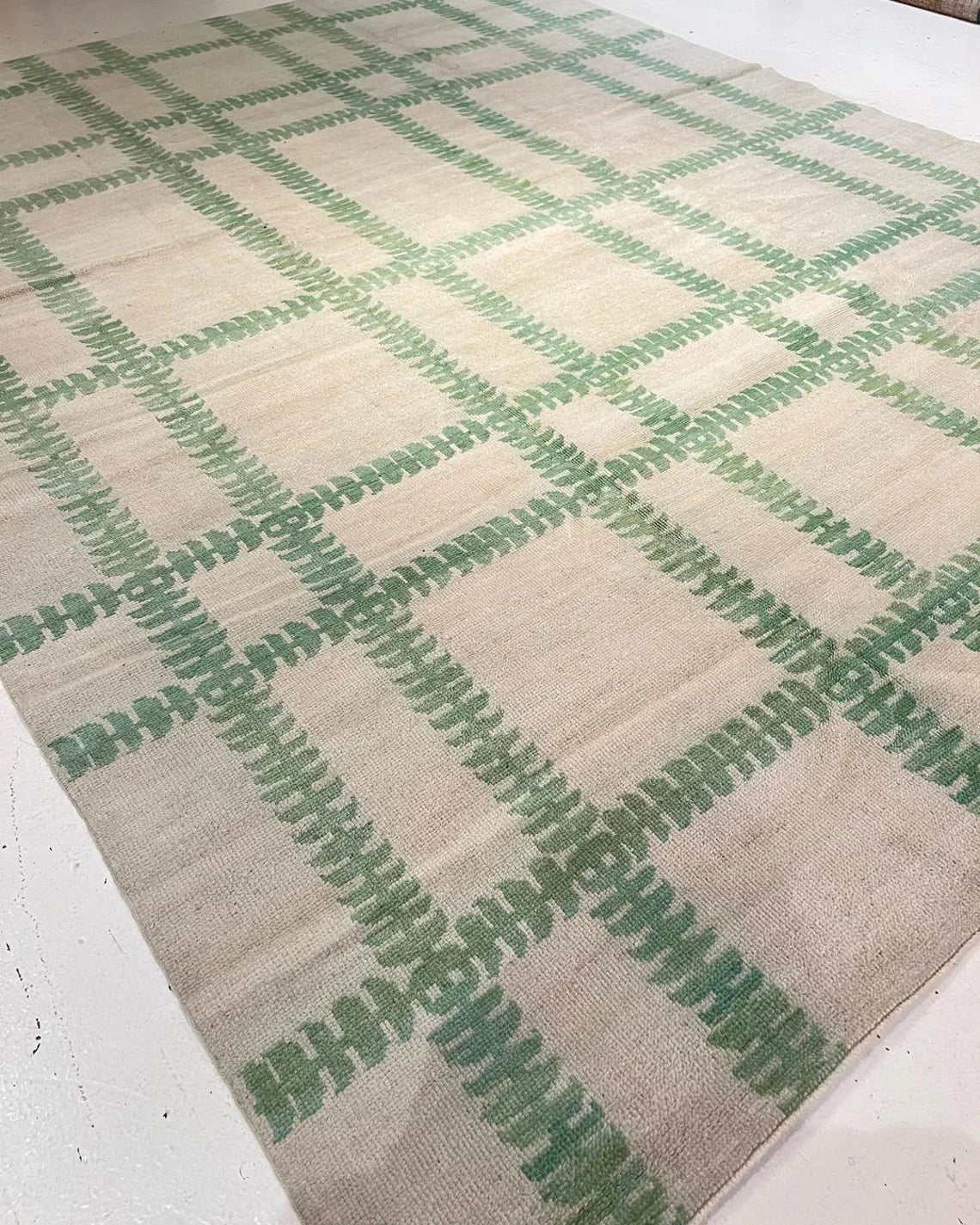 Low Pile Custom Made In Any Size Beige And Green Oushak Rug,Hand Knotted Rug For Living Room,Dining Room,Office,Bedroom,Hand Knotted Wool Area Rug,