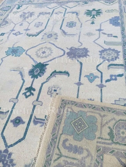 White Floral Contemporary Area Low Pile Rug Hand Knotted Oushak Rug Bedroom, Hallway, Living Room, Dinning Room, Stair Rug Kids Rugs, Home