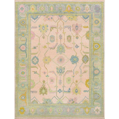 Peach Floral Shape Unique Abestract Green Accent Turkish Rug Knots Bedroom Rug For Living Room Bedroom- Low Pile Rug 5x8 6x9 7x10 8x10 9x12 10x14 Large Area Rug