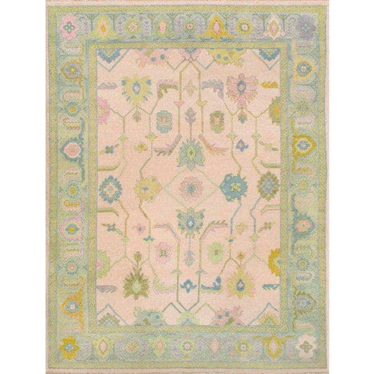 Peach Floral Shape Unique Abestract Green Accent Turkish Rug Knots Bedroom Rug For Living Room Bedroom- Low Pile Rug 5x8 6x9 7x10 8x10 9x12 10x14 Large Area Rug