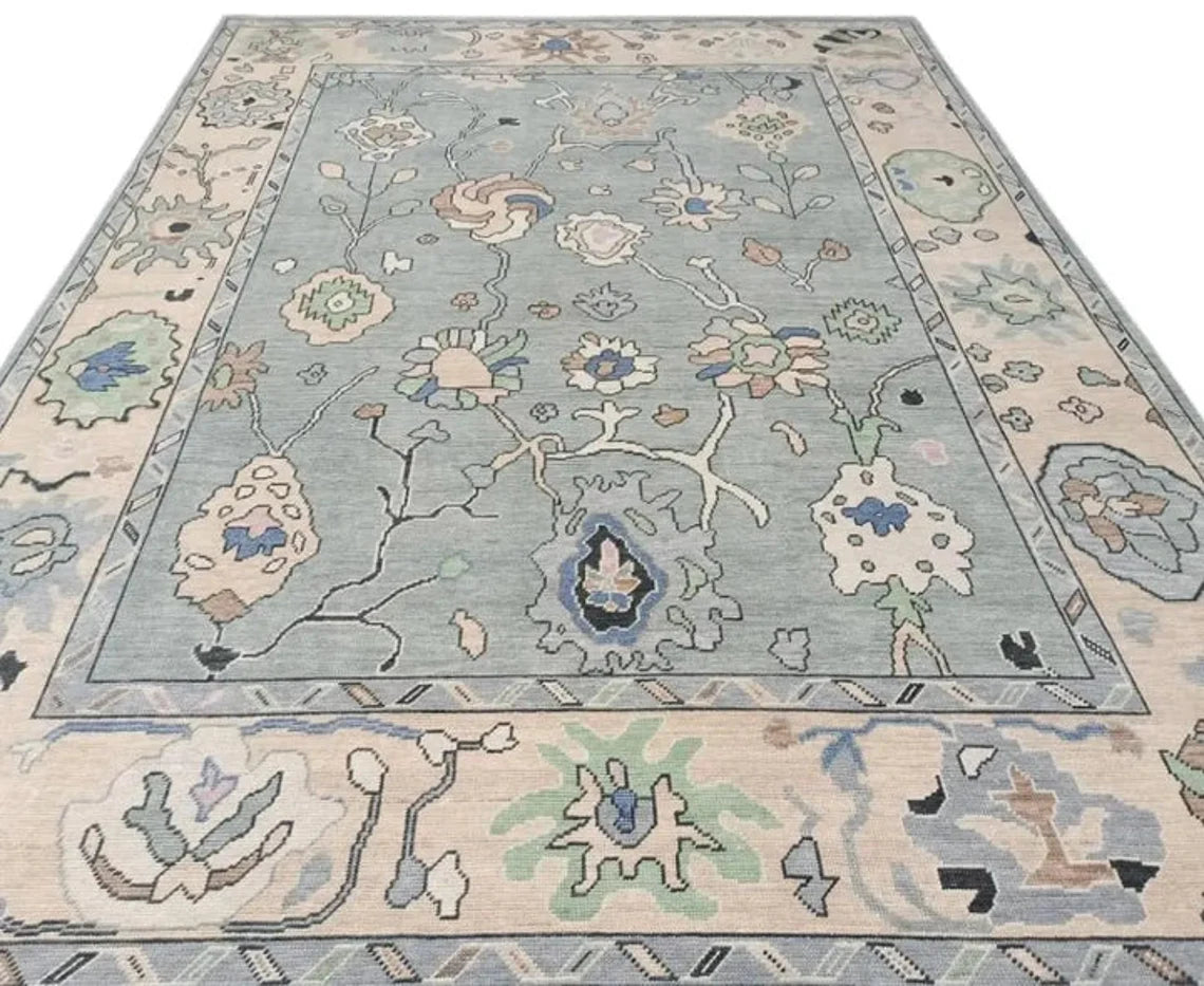 Gray Hand Knotted 8x10 Floral Area Low Pile Rug Farmhouse Rug, Abstract Runner Rug Vintage Home Decor Rug 8x10 Bedroom, Living Room, Hallway, Office