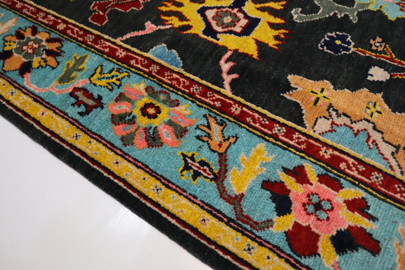 Black & Blue Oushak Rug 7x10 Turkish Oushak Rug/ Hand-Knotted Wool Rug/ Multicolor Contemporary Rug/ Natural dyes Living Room Rug Bedroom rug Hand Knotted Carpet