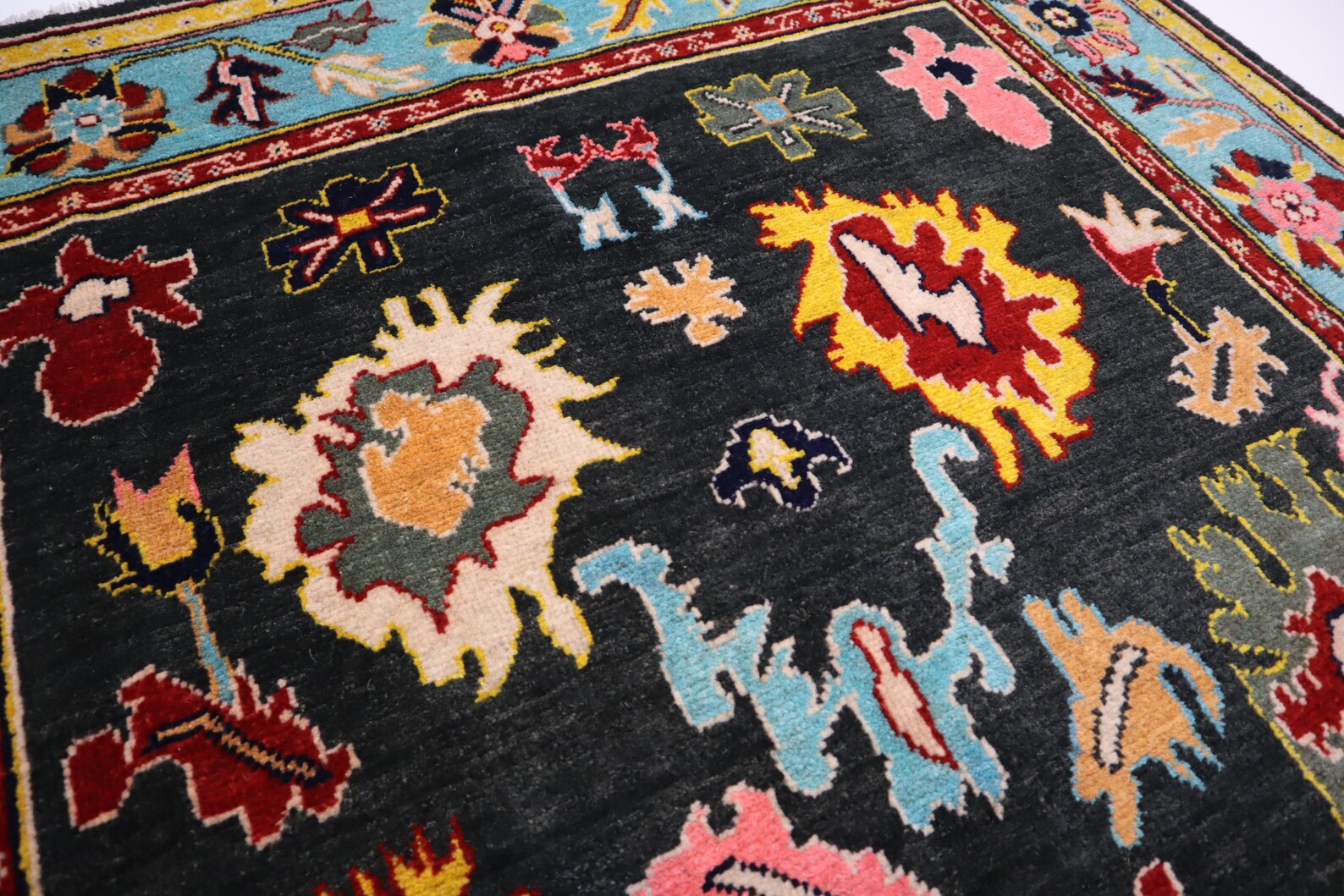 Black & Blue Oushak Rug 7x10 Turkish Oushak Rug/ Hand-Knotted Wool Rug/ Multicolor Contemporary Rug/ Natural dyes Living Room Rug Bedroom rug Hand Knotted Carpet