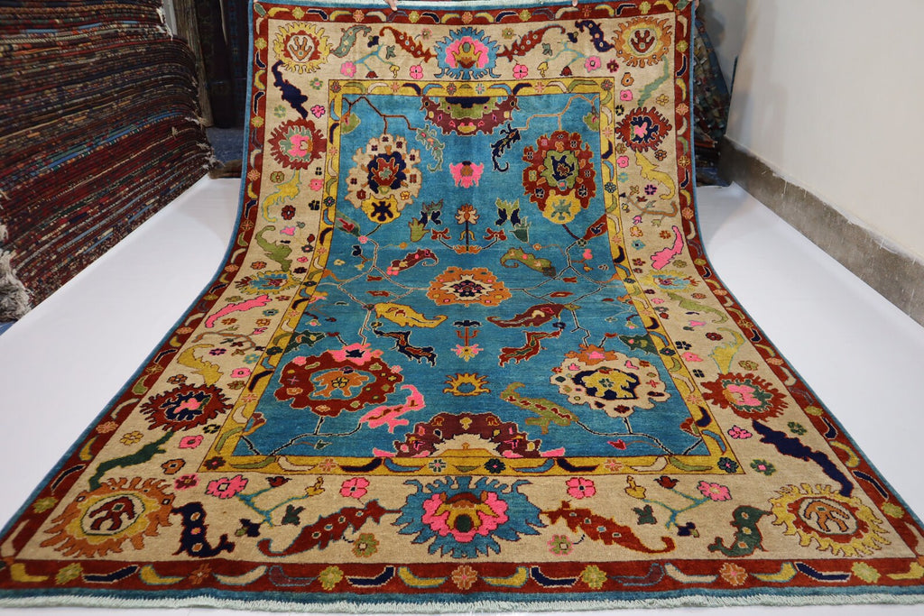 Blue Oushak Rug 7x10 Turkish Oushak Rug/ Hand-Knotted Wool Rug/ Multicolor Contemporary Rug/ Natural dyes Living Room Rug Bedroom rug Hand Knotted Carpet