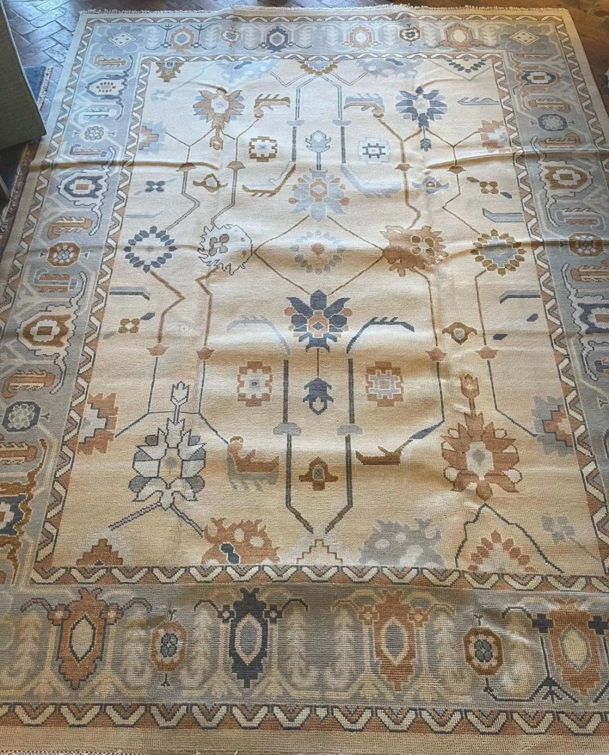 Large Oushak Area Rug – Hand Knotted Turkish Wool Carpet in Muted Colors, Vintage Style Living Room or Bedroom Rug