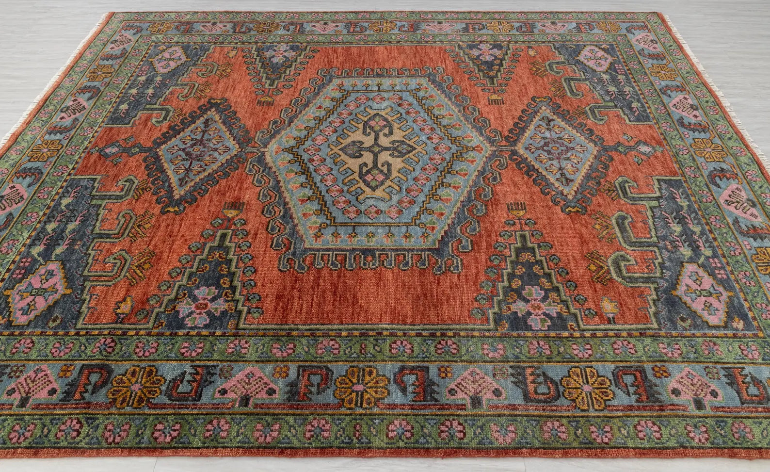 Rust Colored Border Vintage Persian Look Inspired Kismet Modern Oushak Hand Knotted Wool Rug