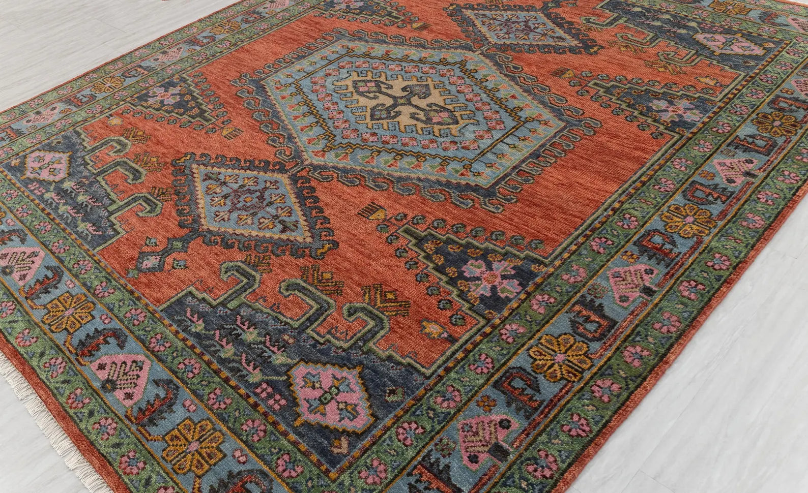 Rust Colored Border Vintage Persian Look Inspired Kismet Modern Oushak Hand Knotted Wool Rug