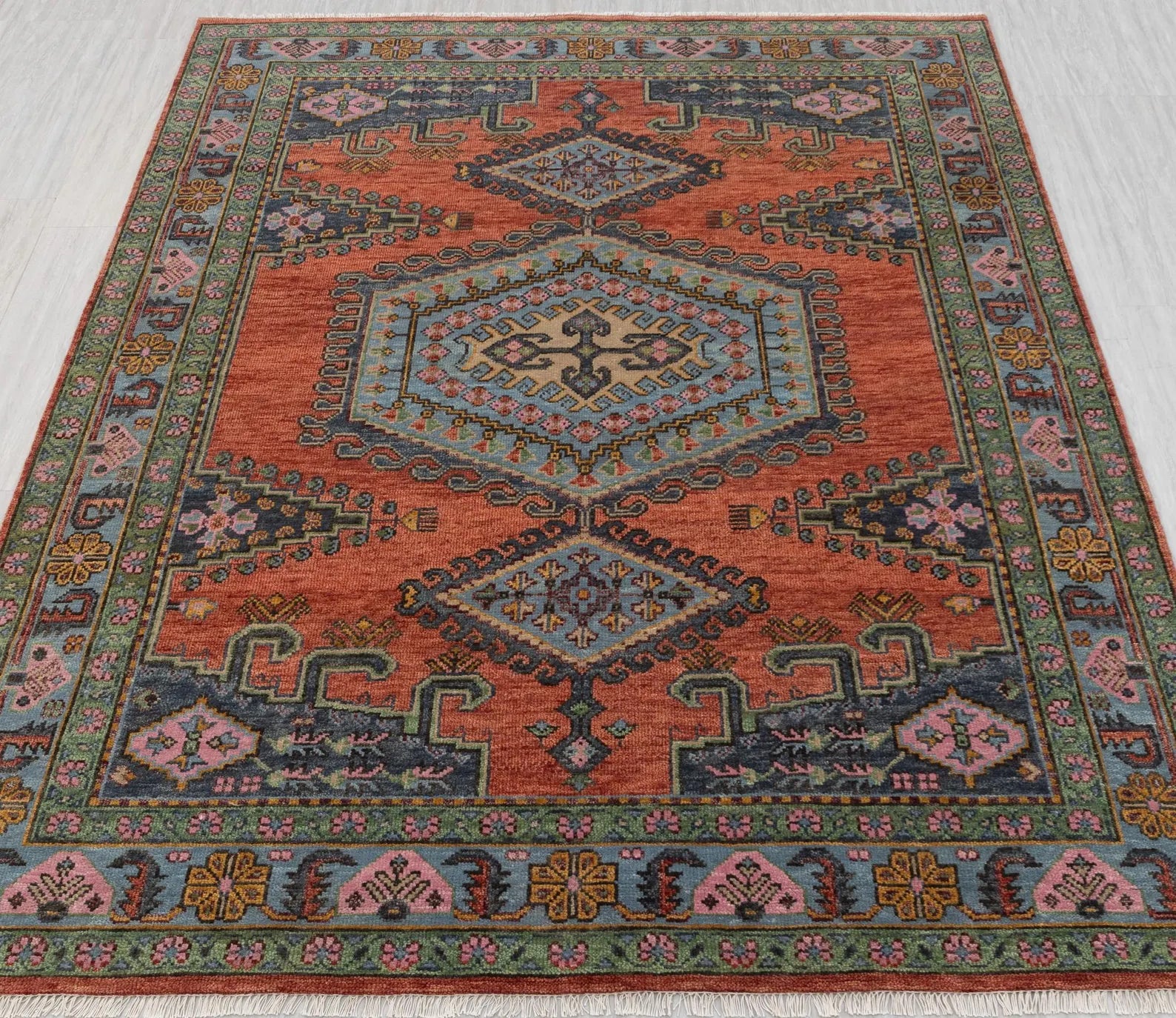 Rust Colored Border Vintage Persian Look Inspired Kismet Modern Oushak Hand Knotted Wool Rug