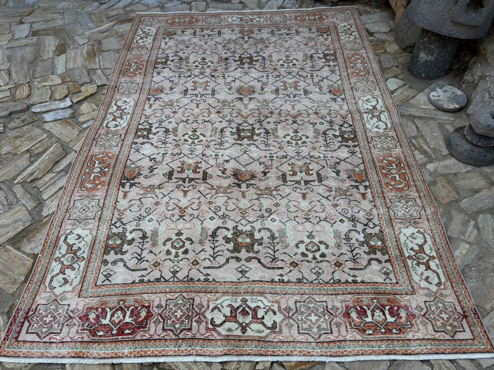 Peach Beige Turkish Rug – Hand-Knotted Vintage Wool Carpet – Elegant Floral Large Area Rug for Living Room or Bedroom Decor | Hand Knotted Carpet