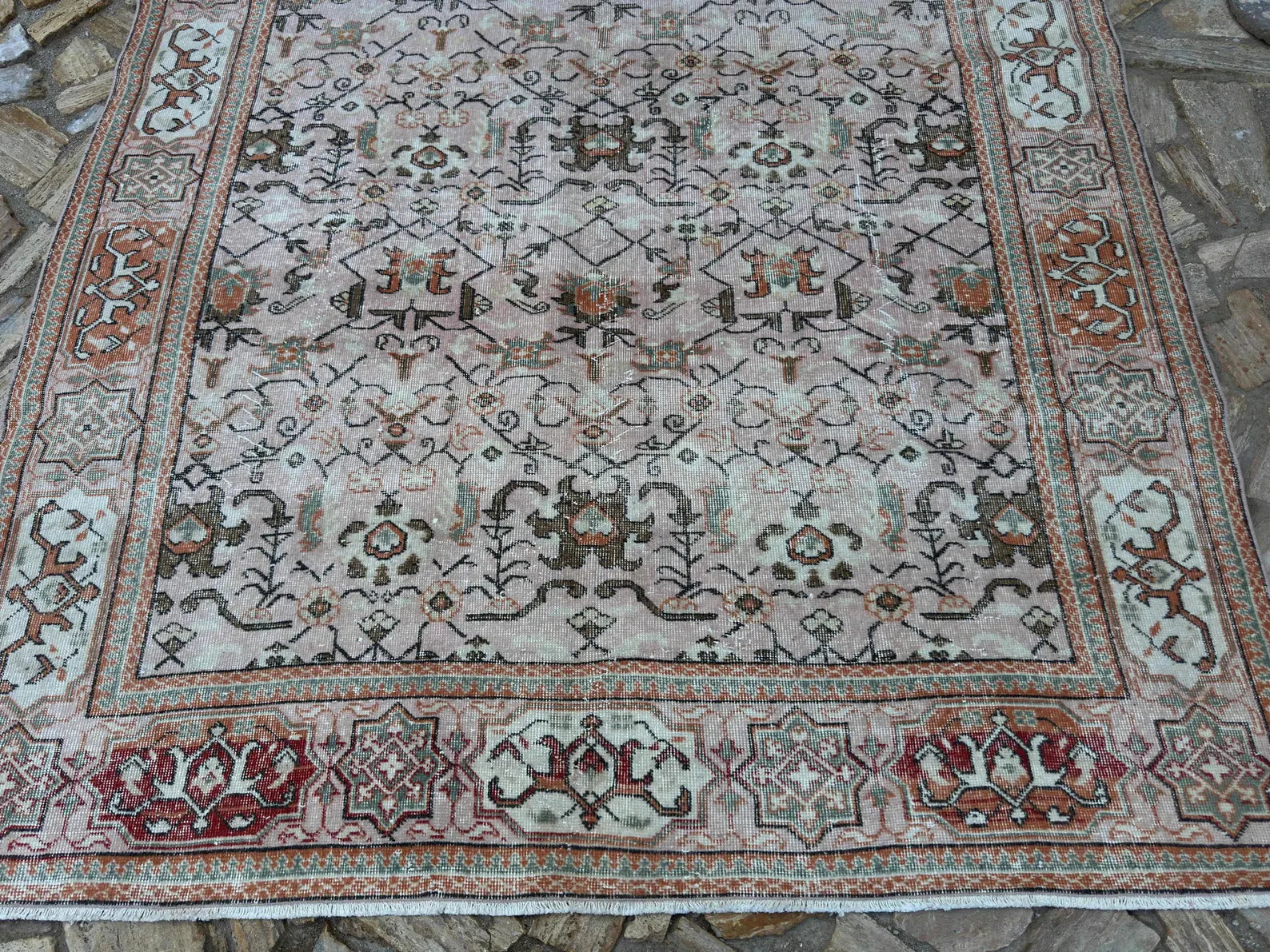 Peach Beige Turkish Rug – Hand-Knotted Vintage Wool Carpet – Elegant Floral Large Area Rug for Living Room or Bedroom Decor | Hand Knotted Carpet