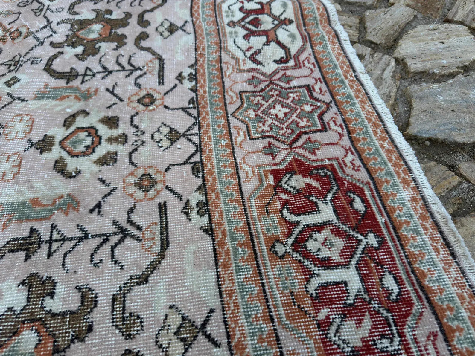 Peach Beige Turkish Rug – Hand-Knotted Vintage Wool Carpet – Elegant Floral Large Area Rug for Living Room or Bedroom Decor | Hand Knotted Carpet