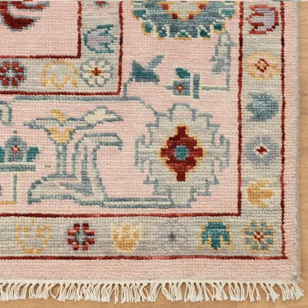 Handmade Peach Wool Rug – Traditional Floral Oushak Design with Beige, Green & Gold Accents – Hand Knotted Oriental Area Carpet