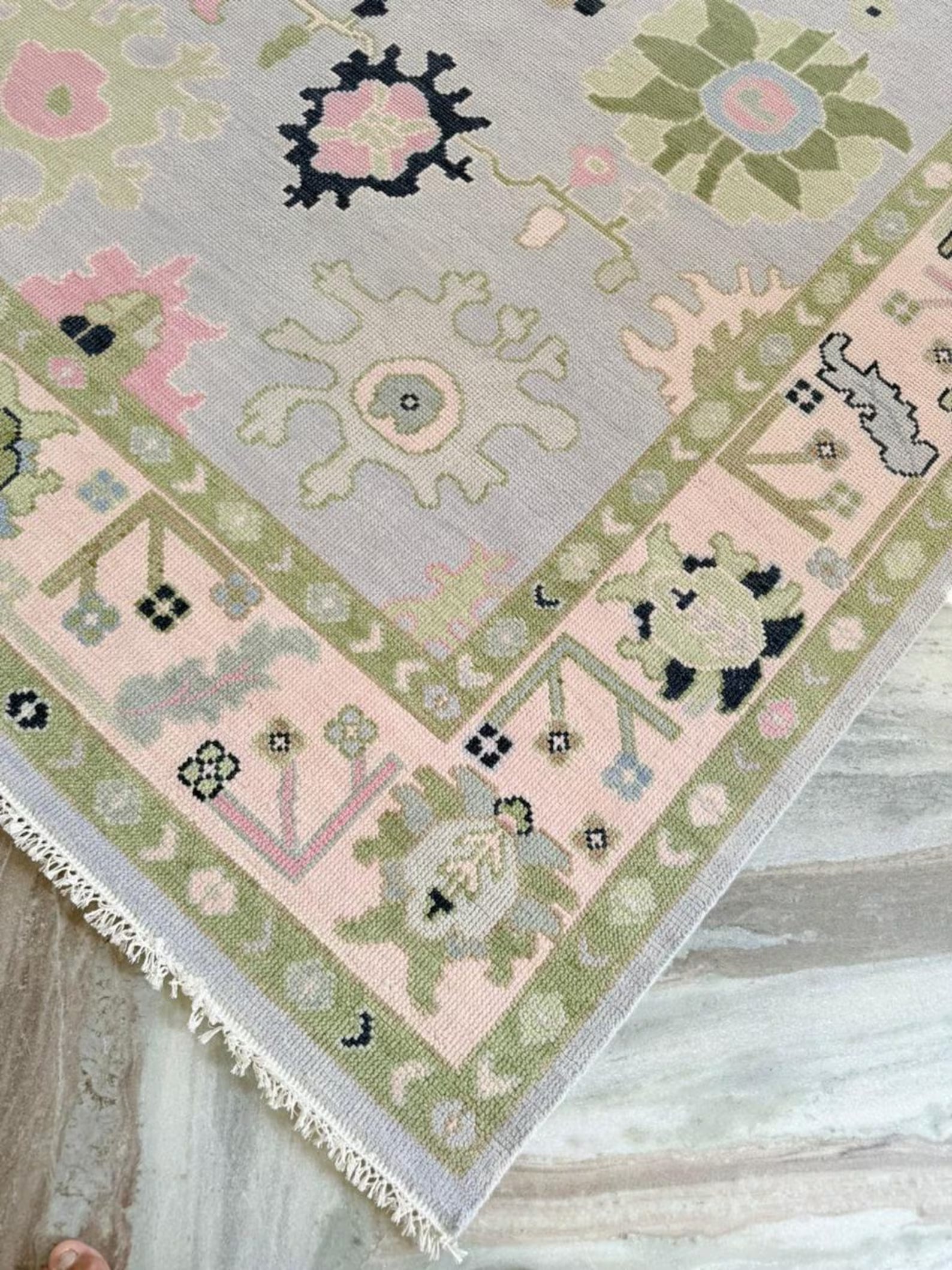 Hand-Knotted Oushak Rug in Pastel Green, Pink & Blue | Soft Wool Area Rug | Traditional Turkish Design | Carpet Craft Decor | Hand Knotted Carpet