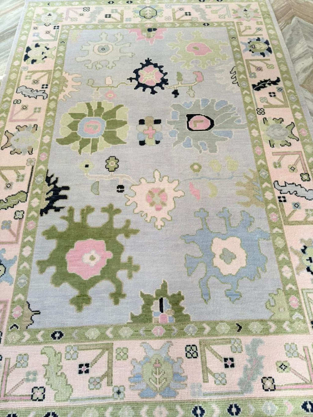 Hand-Knotted Oushak Rug in Pastel Green, Pink & Blue | Soft Wool Area Rug | Traditional Turkish Design | Carpet Craft Decor | Hand Knotted Carpet