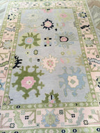 Hand-Knotted Oushak Rug in Pastel Green, Pink & Blue | Soft Wool Area Rug | Traditional Turkish Design | Carpet Craft Decor | Hand Knotted Carpet