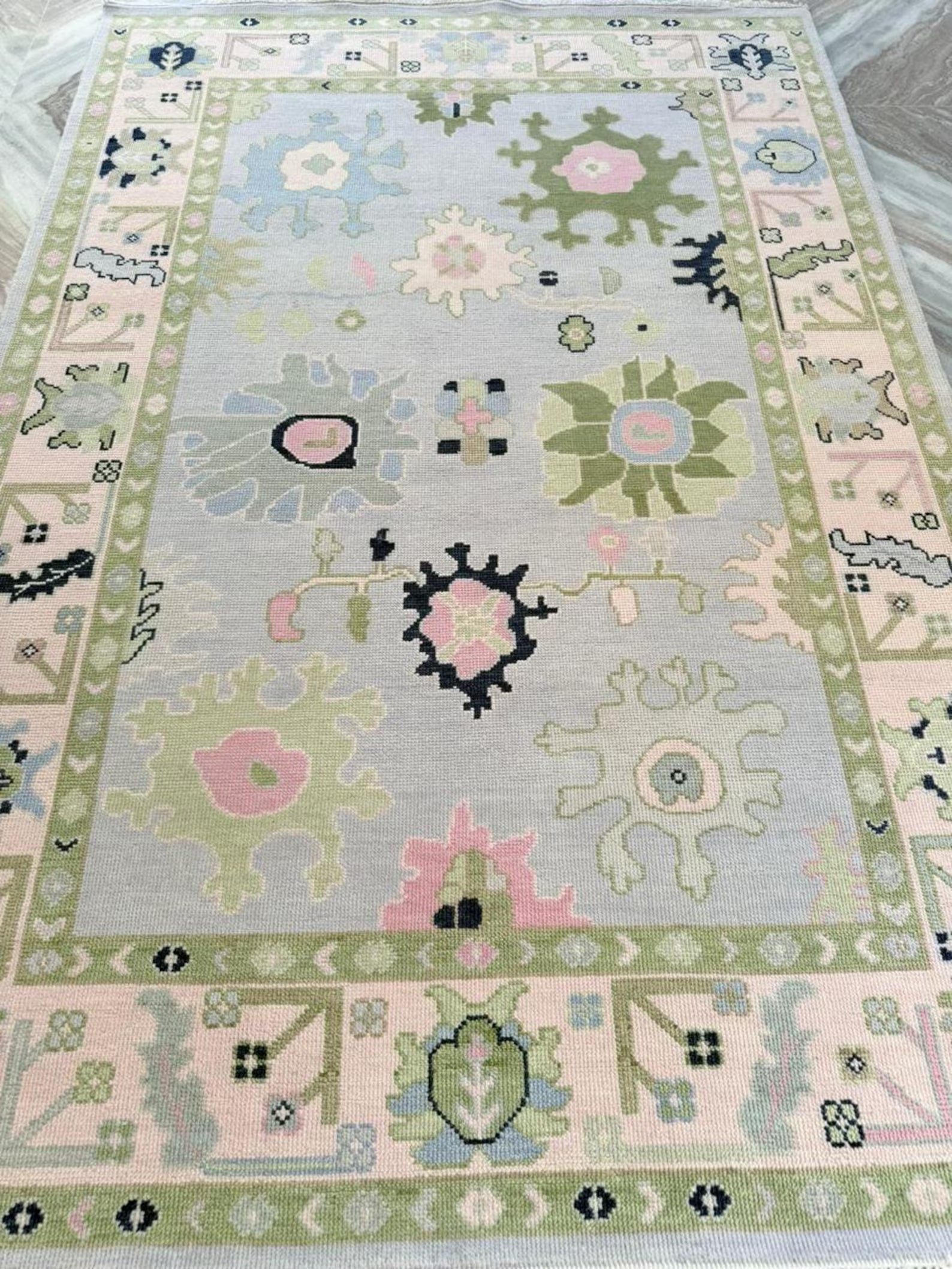 Hand-Knotted Oushak Rug in Pastel Green, Pink & Blue | Soft Wool Area Rug | Traditional Turkish Design | Carpet Craft Decor | Hand Knotted Carpet
