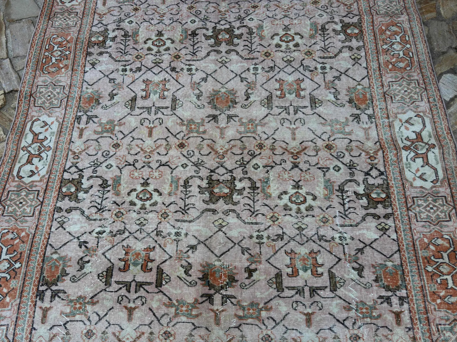 Peach Beige Turkish Rug – Hand-Knotted Vintage Wool Carpet – Elegant Floral Large Area Rug for Living Room or Bedroom Decor | Hand Knotted Carpet