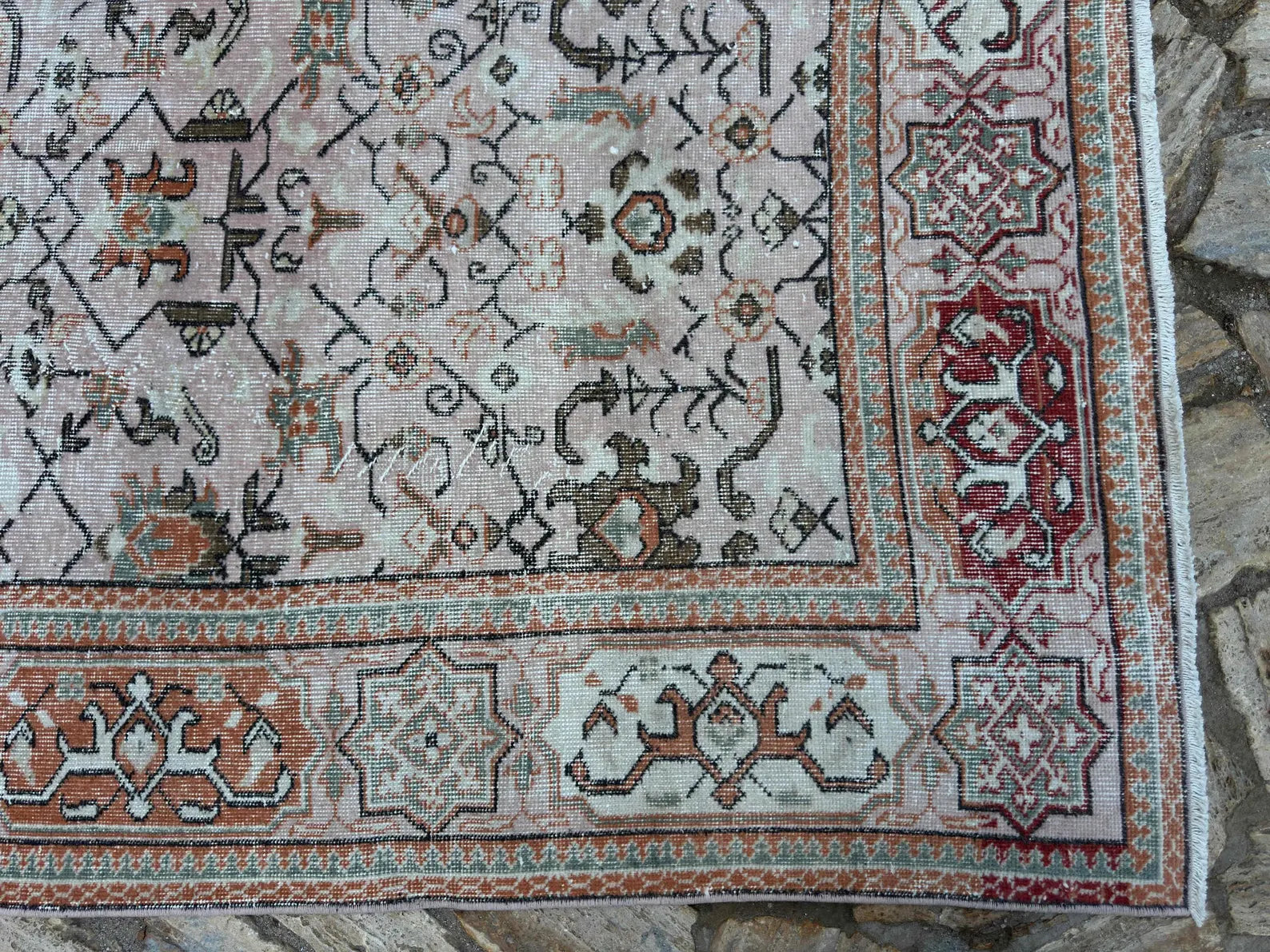 Peach Beige Turkish Rug – Hand-Knotted Vintage Wool Carpet – Elegant Floral Large Area Rug for Living Room or Bedroom Decor | Hand Knotted Carpet