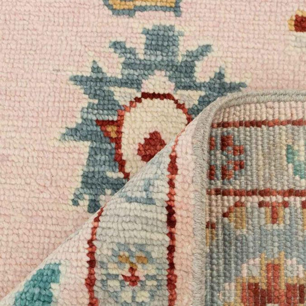 Handmade Peach Wool Rug – Traditional Floral Oushak Design with Beige, Green & Gold Accents – Hand Knotted Oriental Area Carpet