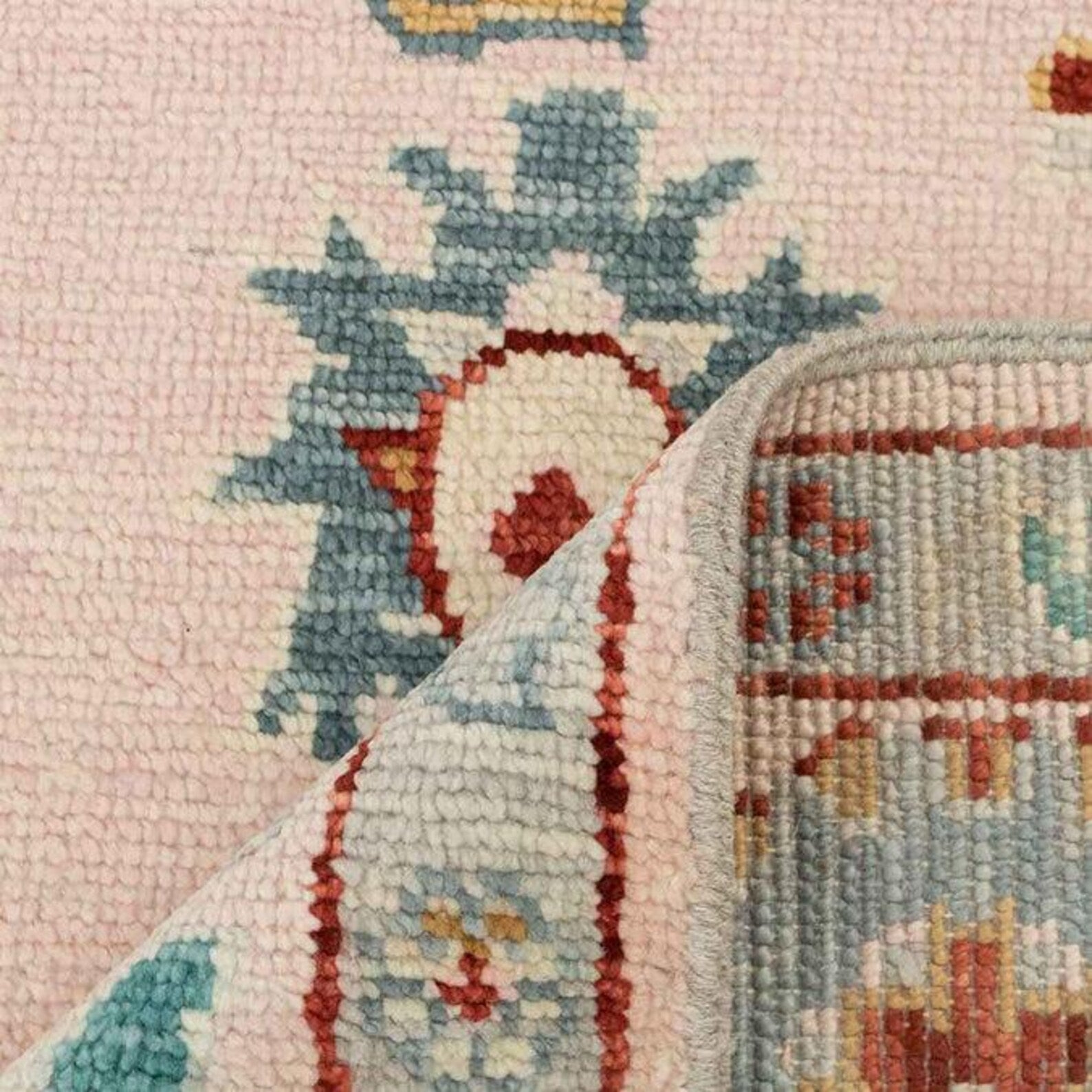 Handmade Peach Wool Rug – Traditional Floral Oushak Design with Beige, Green & Gold Accents – Hand Knotted Oriental Area Carpet