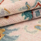 Handmade Peach Wool Rug – Traditional Floral Oushak Design with Beige, Green & Gold Accents – Hand Knotted Oriental Area Carpet