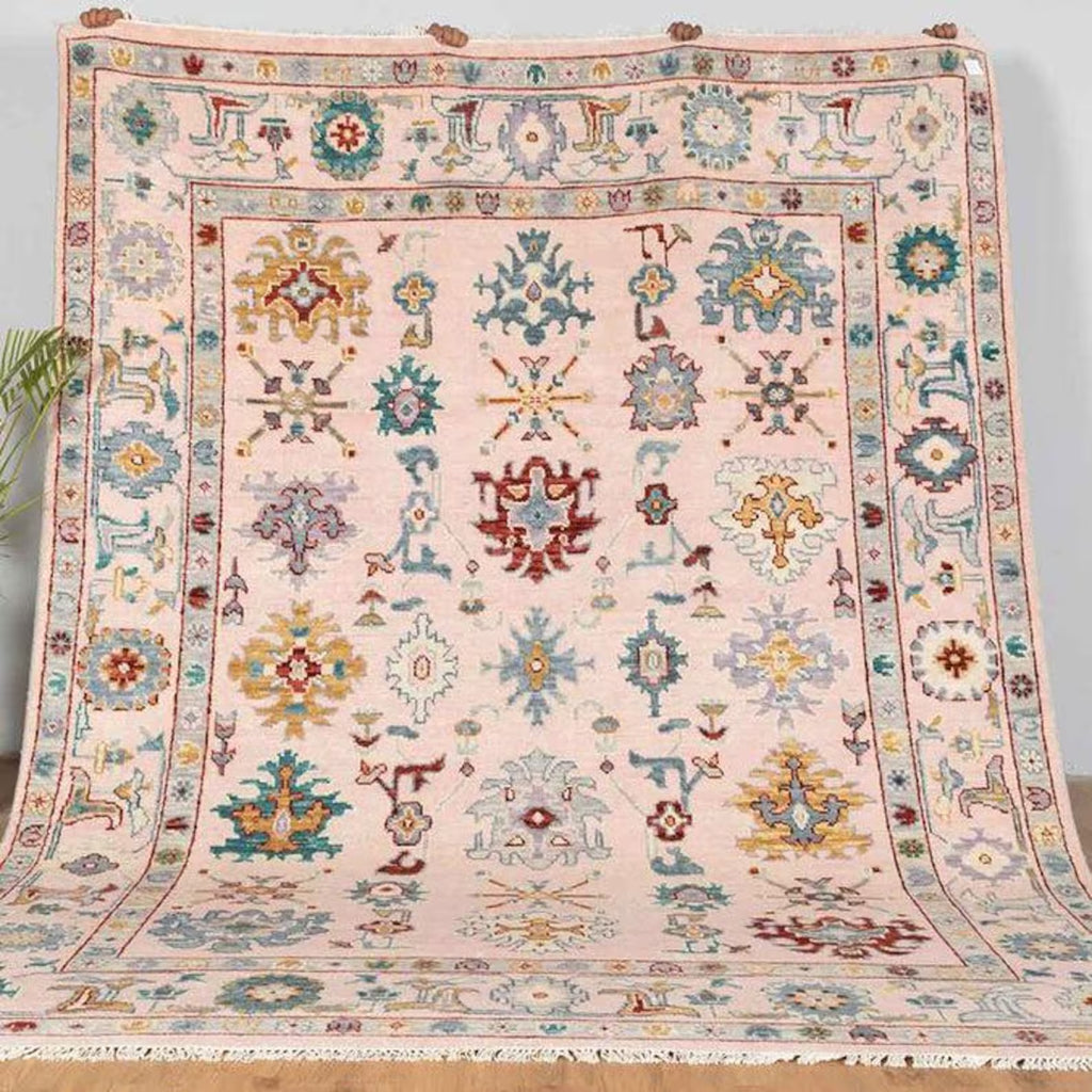 Handmade Peach Wool Rug – Traditional Floral Oushak Design with Beige, Green & Gold Accents – Hand Knotted Oriental Area Carpet